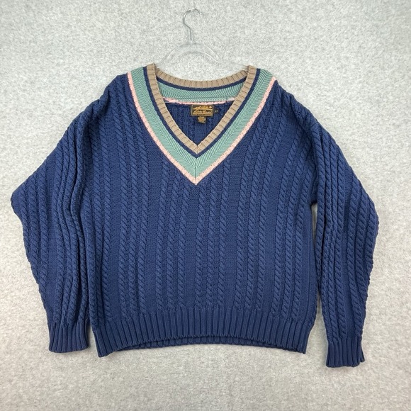 Eddie Bauer Other - Vintage Eddie Bauer Sweater Mens L Blue Cable Knit Chunky V-Neck Tennis Cricket